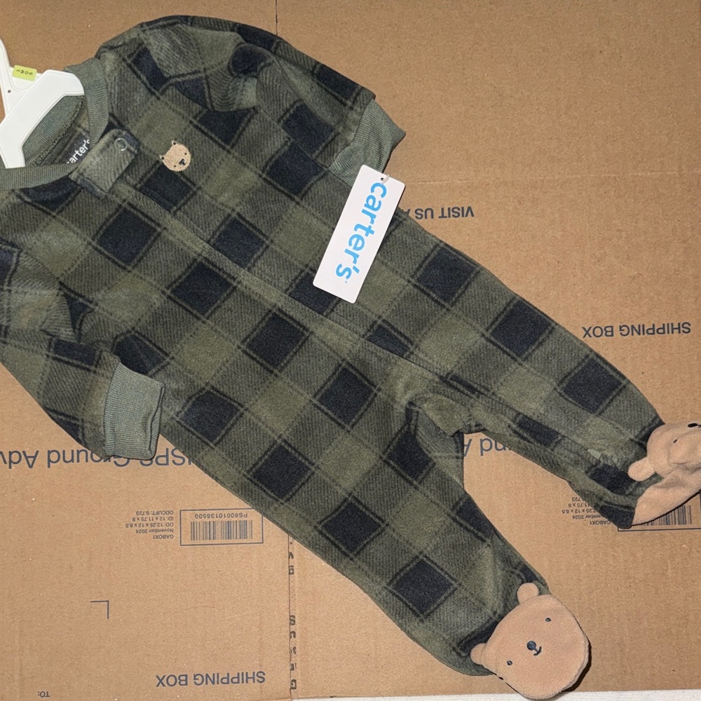 Carter's Olive & Black Plaid Fleece Footed Pajamas with Bear Feet